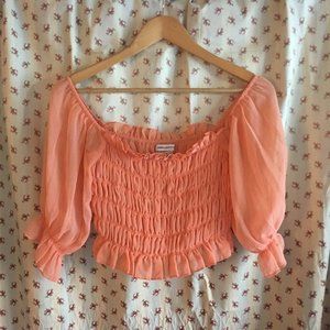 UO Sierra Sheer Smocked Crop Top with Puffed Sleev